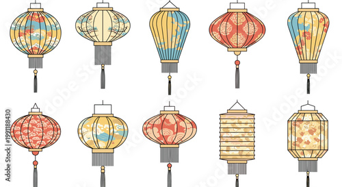 Set of ten beautifully decorated traditional Chinese lanterns in various shapes and patterns for festivals and celebrations.