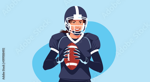 Smiling female American football player in full gear holding a football against a blue abstract background shape.
