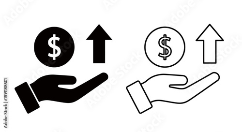 Monetary Support and Growth Symbols: Hands Offering Money with Upward Arrows.