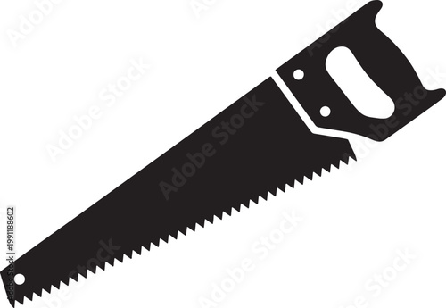 Black silhouette of a hand saw with a wooden handle and sharp teeth white tool