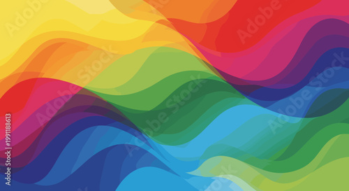 A vibrant abstract background featuring flowing, overlapping, translucent waves in a full spectrum of rainbow colors, creating a dynamic and modern visual effect.