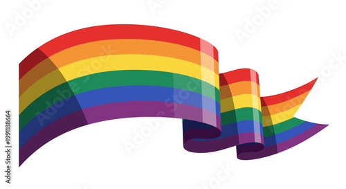 A vibrant rainbow-colored wavy ribbon or banner, symbolizing pride and diversity, isolated on a clean white background.