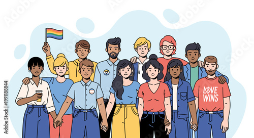 A diverse group of people holding hands and a rainbow flag, symbolizing unity and LGBTQ+ pride.