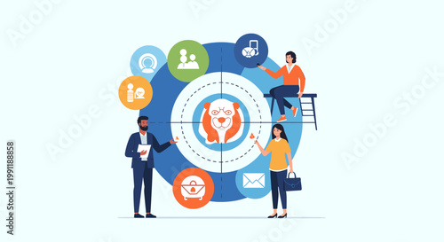 Diverse team collaborates around a target audience graphic, symbolizing customer focus and strategic marketing efforts.