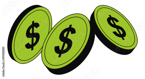 Green Coins with Dollar Signs: Simple Money Icon Representing Finance and Wealth.