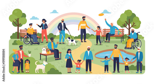 Diverse group of people of all ages and abilities enjoying a sunny day in a park with a rainbow overhead.