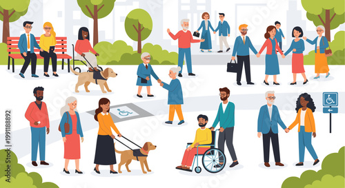 Diverse group of people of all ages and abilities enjoying a sunny day in a park, including those with guide dogs and in wheelchairs.