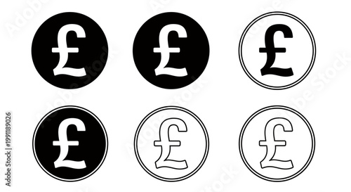 Set of Pound Currency Icons in Black and White Circular Design for Graphic Resources.