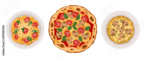 Pizza and spaghetti meal set top view vector doodle illustration. Italian food hand drawn graphic for pizzeria menu and traditional restaurant template. Perfect for mediterranean cafe delivery art.