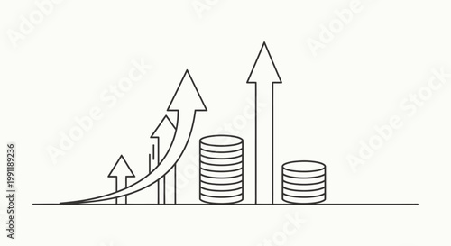 Illustration of rising growth with stacked coins and upward arrows symbolizing business growth and financial expansion.