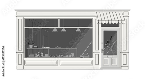 Charming Boutique Shop Facade with Display Window and Awning - Vector Illustration