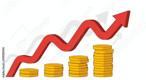 Rising red arrow over stacked coins representing business growth and financial progress.