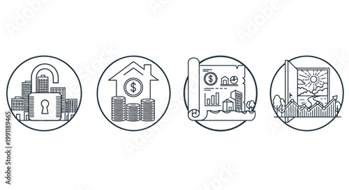 Set of circular icons depicting security, home, finance, and document concepts in a cohesive badge style.