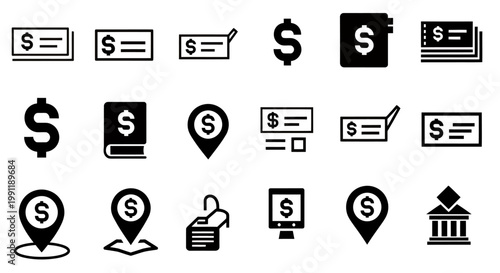 Various icons representing money, banking, and commerce concepts.