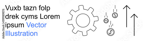 Financial growth, process optimization, currency, business improvement, automation, efficiency. Gear with coins and upward arrows. Financial growth and process optimization