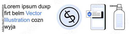 Online security, mobile payments, hygiene practices, healthcare, financial technology, digital safety. Smartphone screen with secure payment icon, dollar symbol and disinfectant. Online security