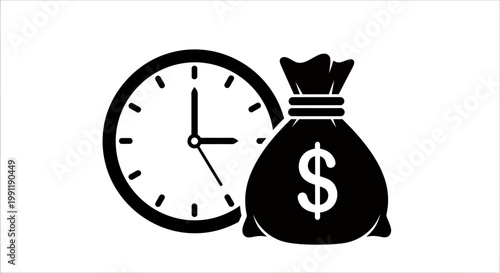 Symbolic Representation of Time and Money: Clock and Money Bag Indicating Value, Urgency, and Financial Focus in Business.