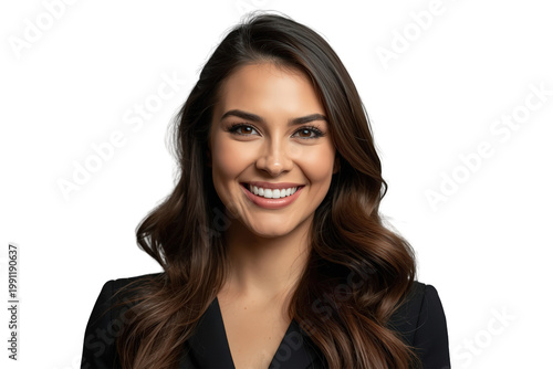 Young business woman smiling, showing confidence and professionalism as a headshot on transparent background