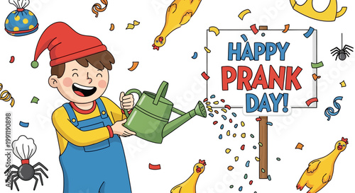A cartoon boy celebrating prank day with confetti and a watering can.