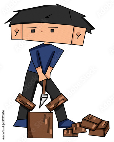 Cartoon man chopping firewood with axe, manual labor and outdoor work concept, PNG illustration