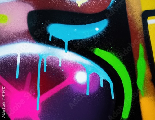 Neon spray paint on black surface with colorful drips and glowing arcs, street art for festival celebrations