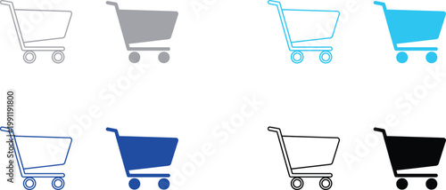 Shopping cart icon vector set: outline and solid fill with supermarket cart grocery cart online shopping e commerce black and white background e-commerce purchase illustration