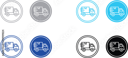 Delivery truck icon vector set: outline and solid fill in circle with e commerce supply chain black and white delivery service goods transport shipping container road vehicle shipping