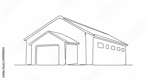 Simple Line Drawing of a Garage Building with Two Bays and Windows