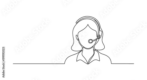 Customer service operator with headset, continuous line drawing, minimalist style