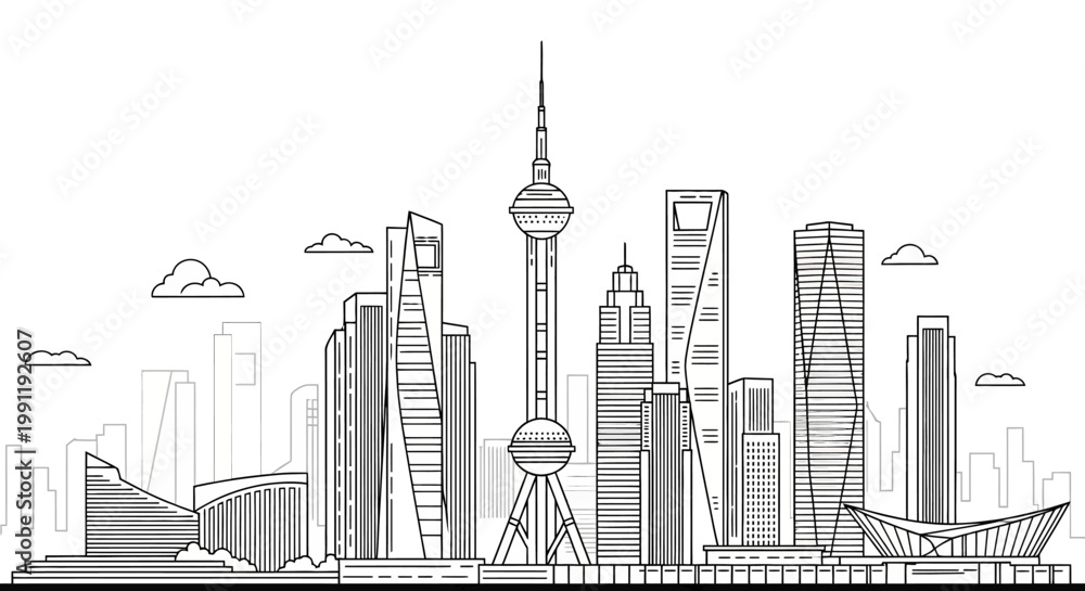 Obraz premium Modern City Skyline Line Art Vector Illustration. Urban Landscape with Skyscrapers, Towers, and Contemporary Architecture in Black and White.