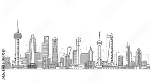 Modern City Skyline Line Art Illustration. Urban metropolis with skyscrapers and towers in minimalist outline sketch style.