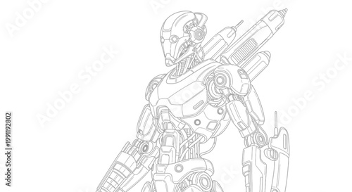 Detailed futuristic robot line art illustration, humanoid android with mechanical parts, sci-fi concept drawing, technical outline