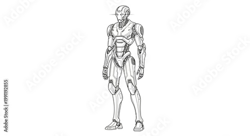 Detailed line art illustration of a futuristic bipedal humanoid robot, depicting advanced artificial intelligence and cybernetic technology