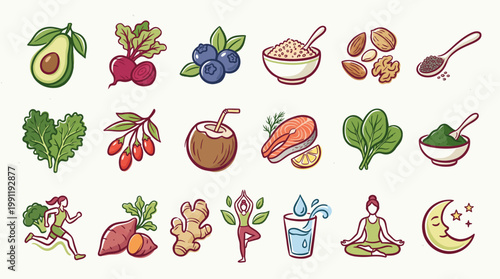 Healthy food and lifestyle icons representing well-being, nutrition, and fitness for a balanced life