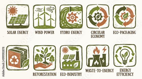 Sustainable energy and eco-friendly industry icons representing renewable resources and green practices for a healthier planet
