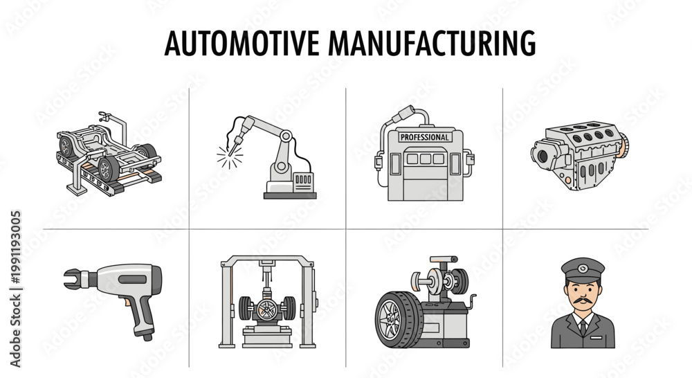 Εκτύπωση καμβά Automotive manufacturing industrial icons set.