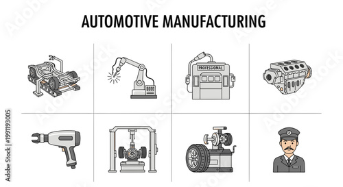 Automotive manufacturing industrial icons set.