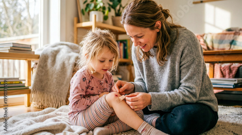 Mother applying bandage to child knee at home, caring and first aid
