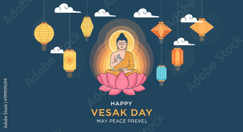 Vesak Day greeting card with Buddha on lotus and hanging lanterns in flat design style.