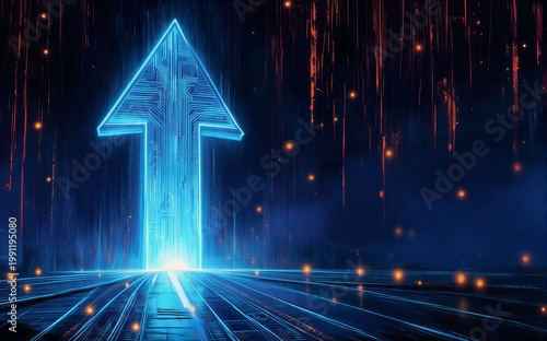 Glowing circuit arrow points upward through digital rain guiding