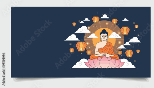 Vesak Day banner with Buddha on lotus and lanterns with large copy space for text.