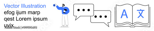 Language learning, communication tools, translation services, education, global connectivity, multilingual support. Speech bubbles and a book with language symbols. Language learning