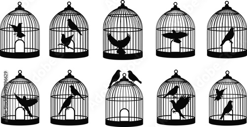 Bird Cage Silhouette Set with Different Poses, Minimal Black Vector Collection for Freedom, Captivity, and Decorative Design