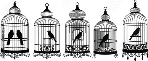 Decorative Bird Cages Set with Silhouettes, Elegant Vintage Hanging Cages with Birds for Home Decor, Tattoo, and Design Illustration
