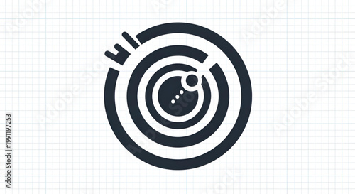 Abstract circular black and white logo with geometric patterns and central eye element.