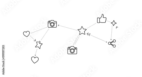 Minimalist illustration of social media network featuring cameras hearts stars and share icons