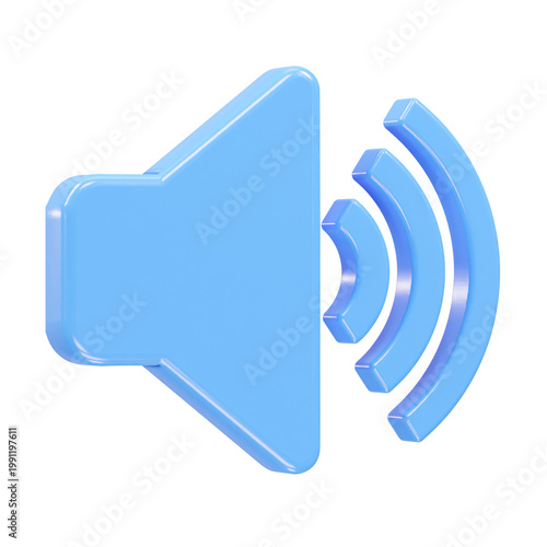 A 3D illustration of a blue speaker icon on a black background