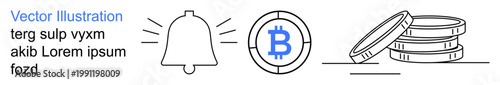 Finance, cryptocurrency, notifications, digital transactions, blockchain, monetary systems. Bell icon, Bitcoin symbol coin stack showcased. Cryptocurrency and notifications