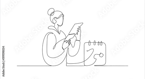 Woman planning with notepad and tablet, minimalist line art illustration