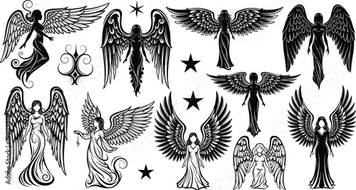 Angel vector illustration set showing wings, stars, ornate patterns, and spiritual poses